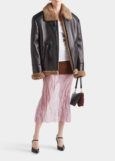 Shop Prada Oversized Leather Shearling-trim Jacket In F02zx Nero Acero