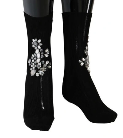 Pre-owned Dolce & Gabbana Dolce&gabbana Women Black Socks Cotton Blend Crystals Floral Mid Calf Stocking