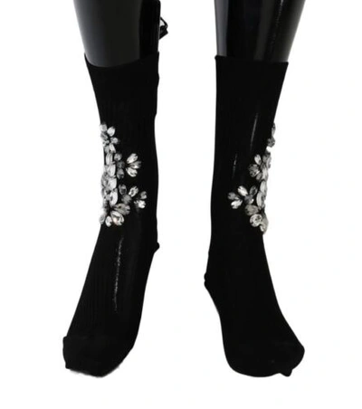 Pre-owned Dolce & Gabbana Dolce&gabbana Women Black Socks Cotton Blend Crystals Floral Mid Calf Stocking