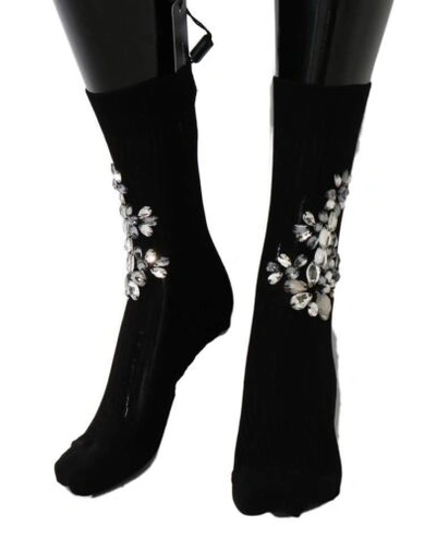 Pre-owned Dolce & Gabbana Dolce&gabbana Women Black Socks Cotton Blend Crystals Floral Mid Calf Stocking