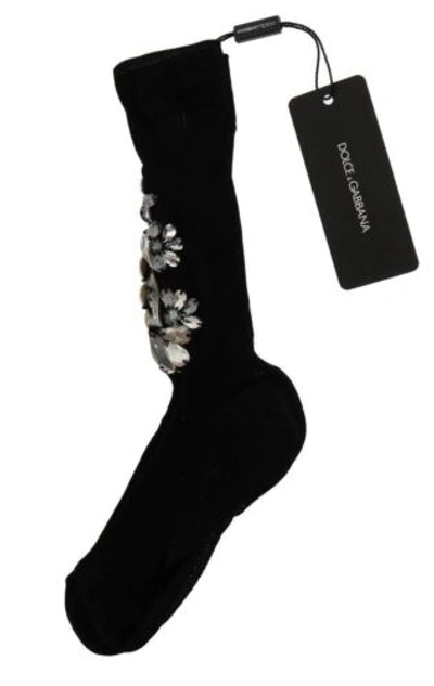 Pre-owned Dolce & Gabbana Dolce&gabbana Women Black Socks Cotton Blend Crystals Floral Mid Calf Stocking