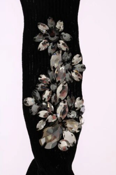 Pre-owned Dolce & Gabbana Dolce&gabbana Women Black Socks Cotton Blend Crystals Floral Mid Calf Stocking