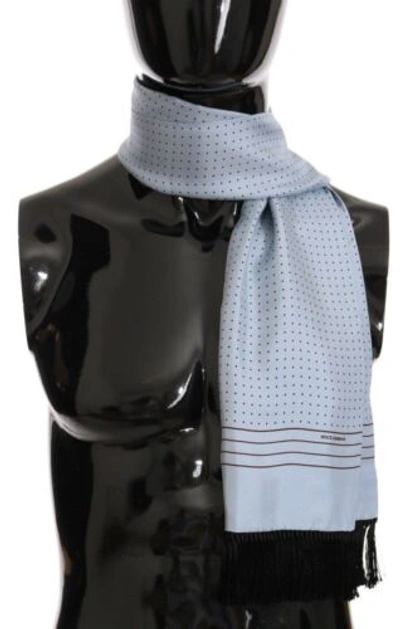 Pre-owned Dolce & Gabbana Dolce&gabbana Men Blue Scarf Wrap 100% Silk Polka Dot Fringes Long Casual Shawl