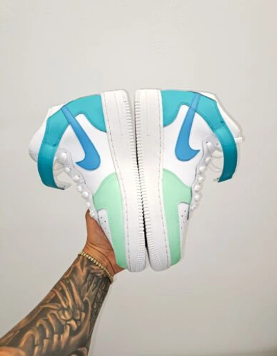 Pre-owned Nike Air Force 1 Mid Womens Gs Girls Blue Mint Af1 In White