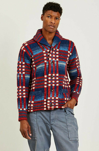 Pre-owned Ralph Lauren Rrl Indigo Plaid Wool Linen Shawl Collar Cardigan Sweater $945 In Blue