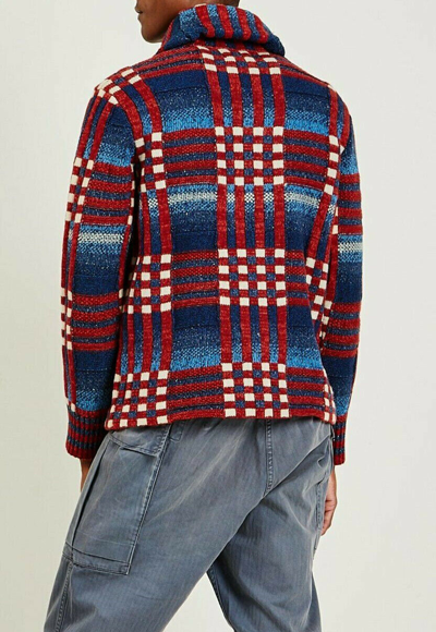 Pre-owned Ralph Lauren Rrl Indigo Plaid Wool Linen Shawl Collar Cardigan Sweater $945 In Blue