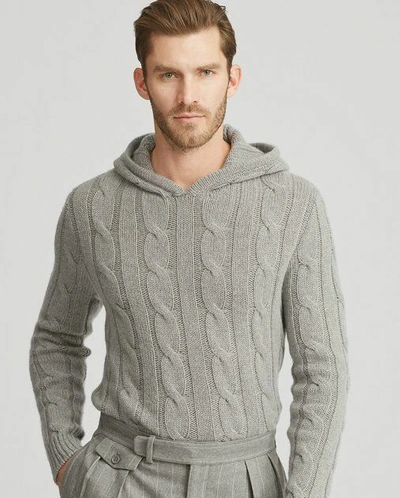 Pre-owned Ralph Lauren Purple Label Mens Grey Cable Knit Cashmere Hoodie  Sweater $1,495 In Gray | ModeSens