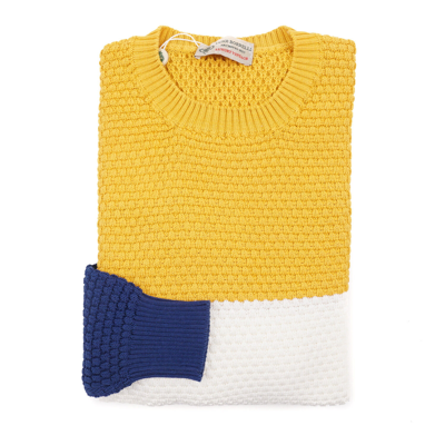 Pre-owned Luigi Borrelli Borrelli Napoli Colorblock Patterned Bubble Knit Cotton Sweater M (eu 50) In Yellow