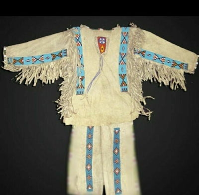 Pre-owned Handmade Old 1800 Style Beaded Fringe Beige Buckskin Hide War Shirt & Leggings Nsp401