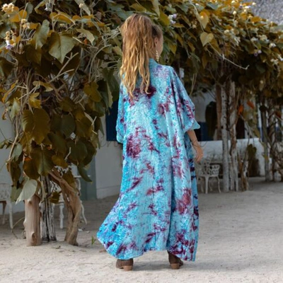 Pre-owned Misty Tiedye Velvet Kimono Duster Holidays Festivals One Size Fits ..1x 2x. In Blue