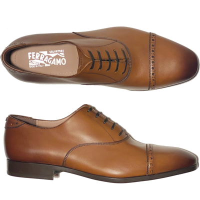 Pre-owned Gancini Ferragamo Boston Leather 10 Ee 43 Cap Toe  Oxford Men's Brown Dress Shoes
