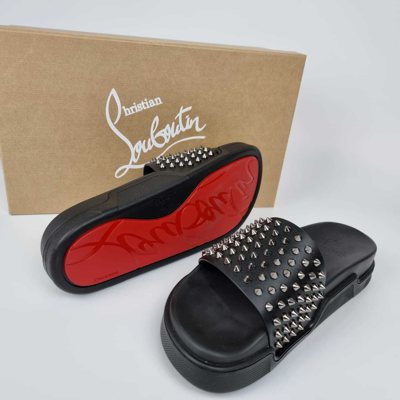 Pre-owned Christian Louboutin Pool Black Spikes Slides