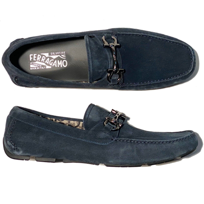 Pre-owned Ferragamo Gancini Blue Suede Parigi Leather Men's Dress Slip-on Driver Loafers