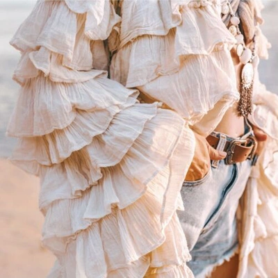 Pre-owned Zinnia Pearl Charm Ruffled Kimono Duster Festival Summer Vacation Wedding Natural Raw Cotton In Beige