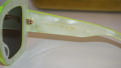 Pre-owned Gucci Sunglasses Square Yellow Yellow Grey Gg0083s 005 55 24 140 In Green Black Snake Light Green