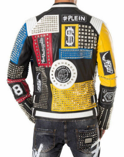 Pre-owned Philipp Plein Multicolor Full Studded Embroidery Patches Mens Leather Jacket