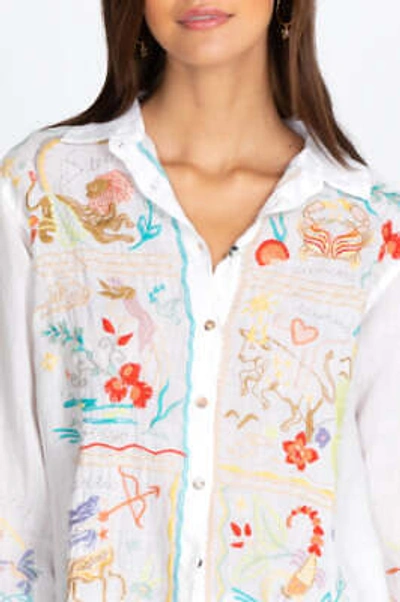 Pre-owned Johnny Was Button Down Horoscope Zodiac Oversized Shirt Tunic White M
