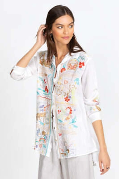 Pre-owned Johnny Was Button Down Horoscope Zodiac Oversized Shirt Tunic White Xl
