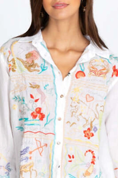 Pre-owned Johnny Was Button Down Horoscope Zodiac Oversized Shirt Tunic White Xl