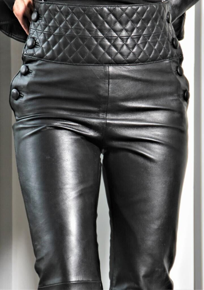 Pre-owned Asaavi Women's Black Leather Pants Genuine Lambskin High Waist Flared Leather Pant -034