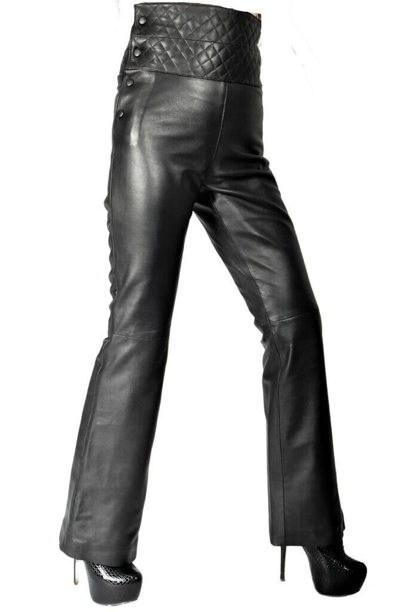 Pre-owned Asaavi Women's Black Leather Pants Genuine Lambskin High Waist Flared Leather Pant -034