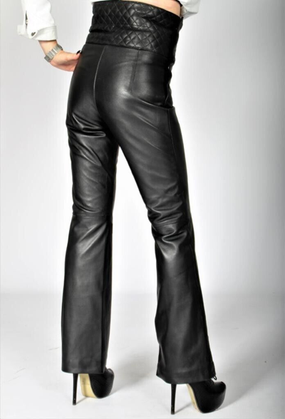 Pre-owned Asaavi Women's Black Leather Pants Genuine Lambskin High Waist Flared Leather Pant -034