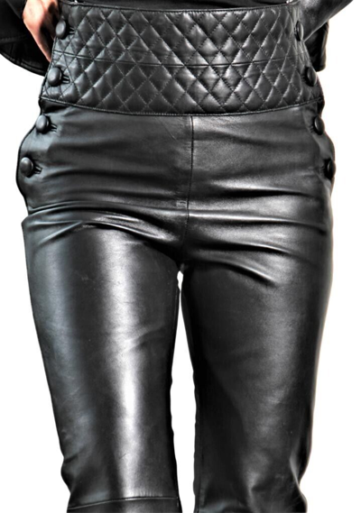 Pre-owned Asaavi Women's Black Leather Pants Genuine Lambskin High Waist Flared Leather Pant -034