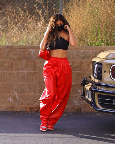 Pre-owned Asaavi Kylie Jenner Red Leather Pants Women Pure Lambskin Joggers Leather Trousers -029