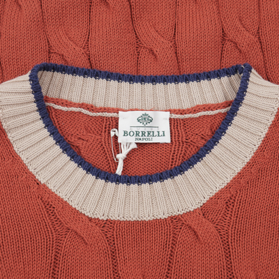 Pre-owned Luigi Borrelli Borrelli Napoli Terra Cotta Red Cable Knit Tipped Cotton Sweater M (eu 50)