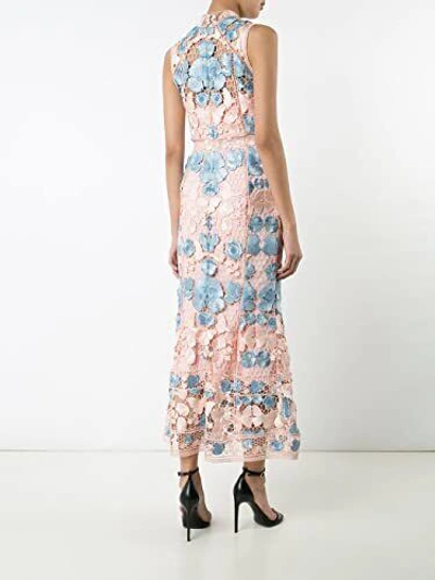 Pre-owned Marchesa Notte $795  Mock Neck Embroidered Midi Dress Blush Floral Blue 2 In Pink