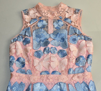 Pre-owned Marchesa Notte $795  Mock Neck Embroidered Midi Dress Blush Floral Blue 2 In Pink