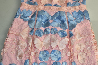 Pre-owned Marchesa Notte $795  Mock Neck Embroidered Midi Dress Blush Floral Blue 2 In Pink
