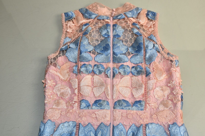 Pre-owned Marchesa Notte $795  Mock Neck Embroidered Midi Dress Blush Floral Blue 2 In Pink