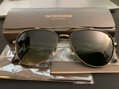 Pre-owned Oliver Peoples Rikson 56mm Unisex Aviator Sunglasses Antique Gold/blue Msrp$566 In Green