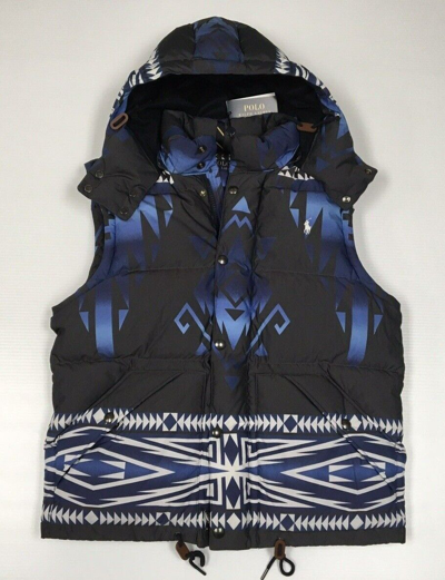 Pre-owned Polo Ralph Lauren Southwestern Aztec Indian 3-in-1 Convertible Down Vest Jacket In Blue