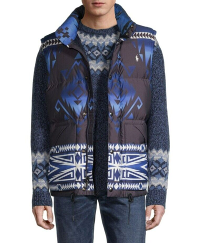 Pre-owned Polo Ralph Lauren Southwestern Aztec Indian 3-in-1 Convertible Down Vest Jacket In Blue