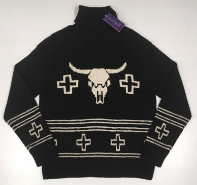 Pre-owned Ralph Lauren Purple Label Purple Label Ralph Lauren Cashmere Western Cowboy Skull Turtleneck Knit Sweater In Black