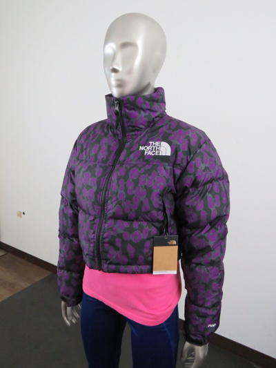 Pre-owned The North Face Womens  Printed Nuptse Short Crop 700-down Jacket - Purple Leopard