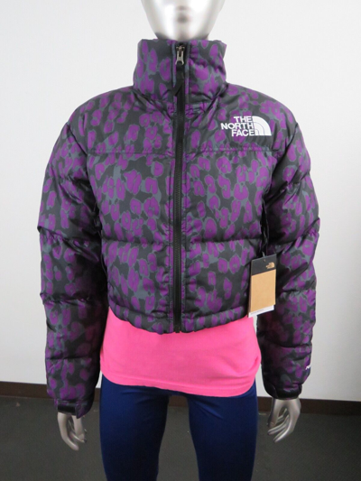 Pre-owned The North Face Womens  Printed Nuptse Short Crop 700-down Jacket - Purple Leopard