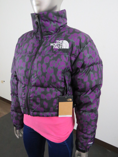 Pre-owned The North Face Womens  Printed Nuptse Short Crop 700-down Jacket - Purple Leopard