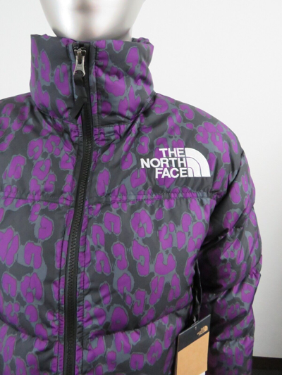 Pre-owned The North Face Womens  Printed Nuptse Short Crop 700-down Jacket - Purple Leopard