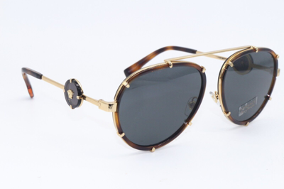 Pre-owned Versace Mod. 2232 1470/87 Havana-gold W/gold Medusa Strap Sunglasses 61-18 In Gray