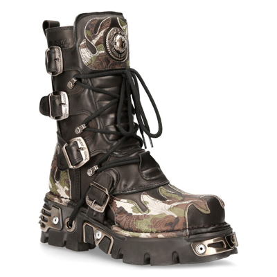 Pre-owned Rock 591-s15 Boots Camouflage Flame Metallic Black Leather Goth Punk Biker