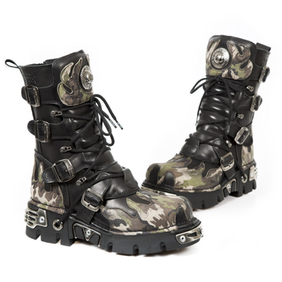 Pre-owned Rock 591-s15 Boots Camouflage Flame Metallic Black Leather Goth Punk Biker