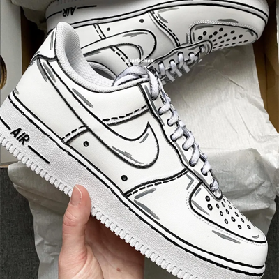 Pre-owned Nike Air Force 1 Custom Low Cartoon Shoes White Black Gray Outline Mens Womens