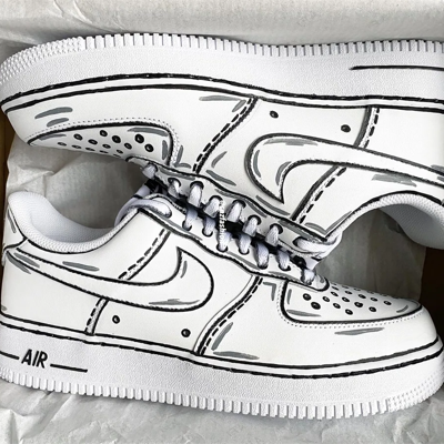 Pre-owned Nike Air Force 1 Custom Low Cartoon Shoes White Black Gray Outline Mens Womens