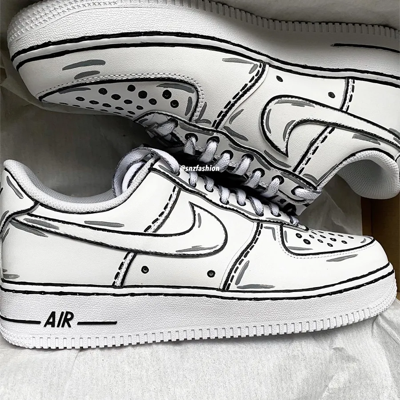 Pre-owned Nike Air Force 1 Custom Low Cartoon Shoes White Black Gray Outline Mens Womens