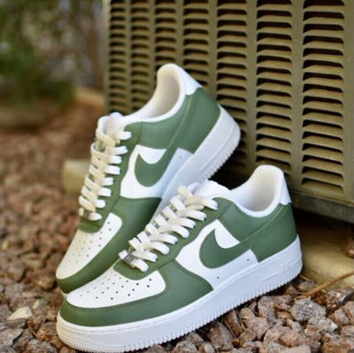 Pre-owned Nike Air Force 1 Custom Sneakers Low Two Tone Army Military Green White Shoes