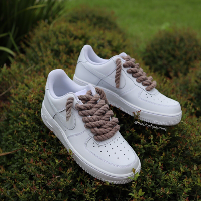 Pre-owned Air Force 1 Low With Brown Rope Laces White Custom Shoes All Sizes