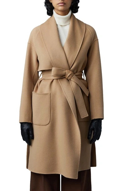 Shop Mackage Thalia Double Face Tie Waist Wool Coat In Tan